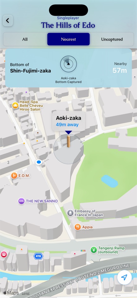 Map view showing live distance to the nearest uncaptured hill, Aoki-zaka