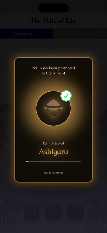 Rank-up screen showing promotion to the Ashigaru rank